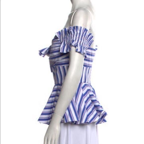 Caroline Constas Striped Off The Shoulder Blouse White Blue Cotton Size Medium - Picture 2 of 4